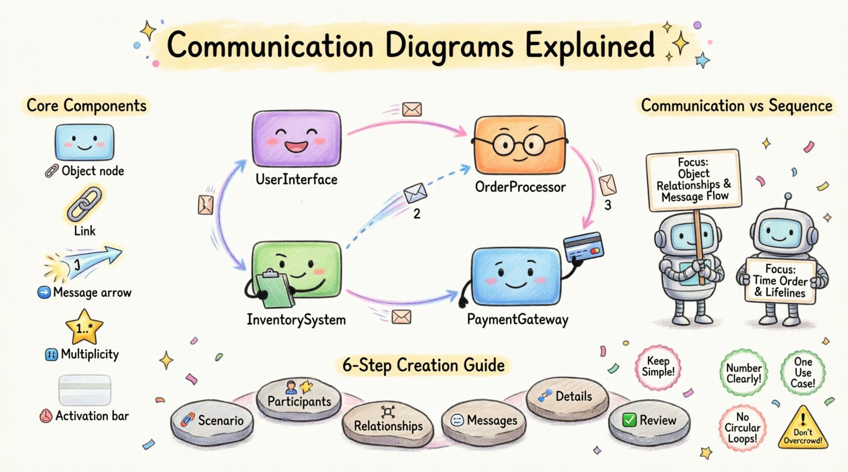 A whimsical educational infographic explaining UML communication diagrams for software students, featuring colorful cartoon object characters (UserInterface, OrderProcessor, InventorySystem, PaymentGateway) connected by numbered message arrows, with illustrated sections showing core components (objects, links, messages, multiplicity), a comparison table with sequence diagrams, a 6-step creation guide path, and best practice tips, all in soft pastel colors with hand-drawn doodle aesthetic and playful typography