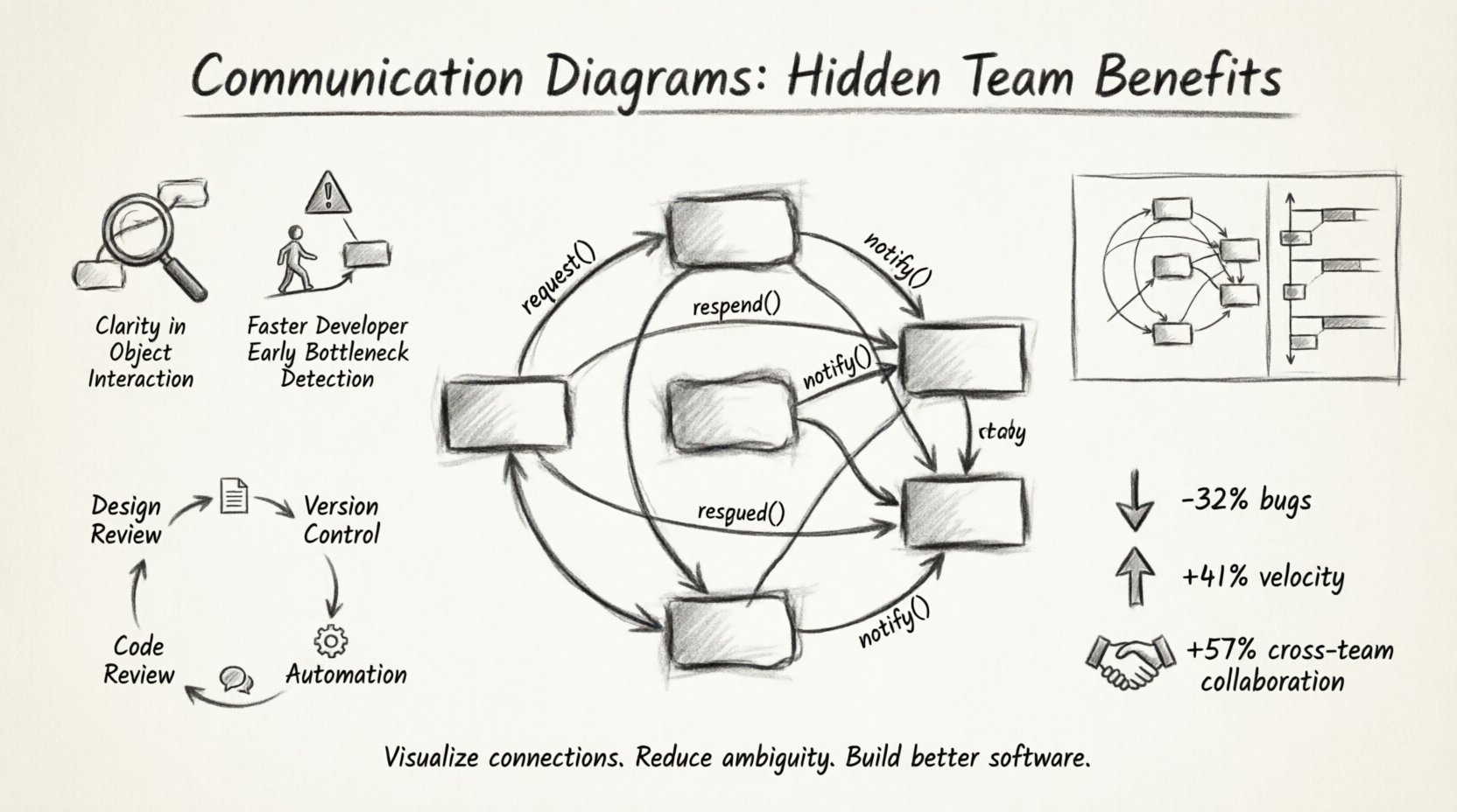 Charcoal sketch infographic illustrating the hidden benefits of UML Communication Diagrams in software team development: showing object interaction clarity, faster developer onboarding, early bottleneck detection, comparison with sequence diagrams, and implementation workflow strategies