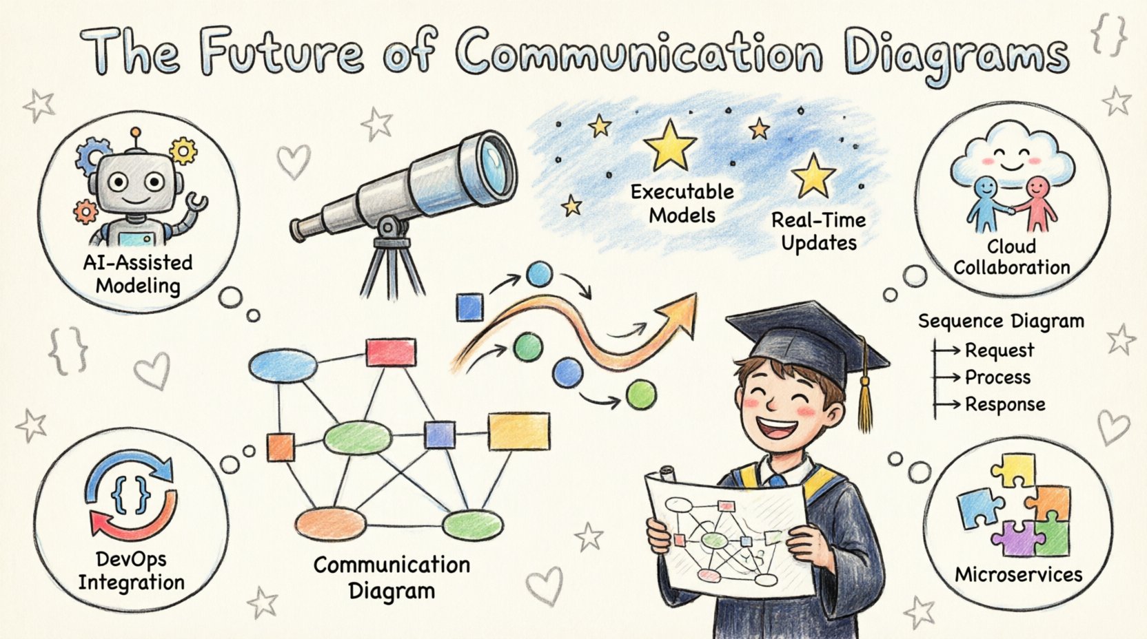 Child-style hand-drawn infographic illustrating the future of UML communication diagrams for computer science students, featuring AI-assisted modeling robot, cloud collaboration, DevOps pipeline cycle, and microservices puzzle pieces, with colorful object nodes connected by message arrows, simple comparison of communication vs sequence diagrams, and forward-looking elements like telescope and graduation cap, all rendered in playful crayon and marker aesthetic on 16:9 canvas