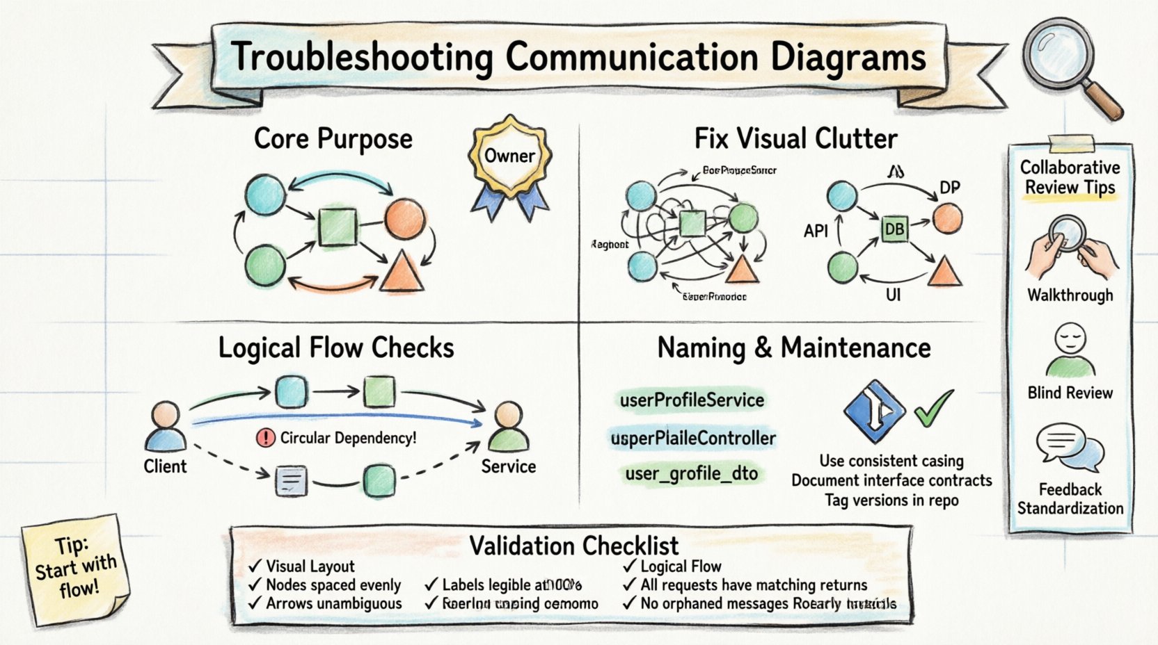 Hand-drawn infographic guide for troubleshooting software communication diagrams, featuring solutions for visual clutter, logical flow errors, naming inconsistencies, and maintenance best practices with validation checklist and collaborative review strategies