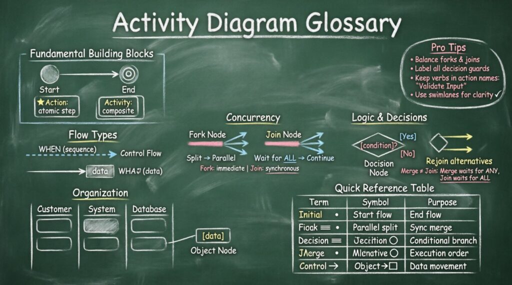 Activity Diagram Glossary: Fork, Join & Object Flow 📊