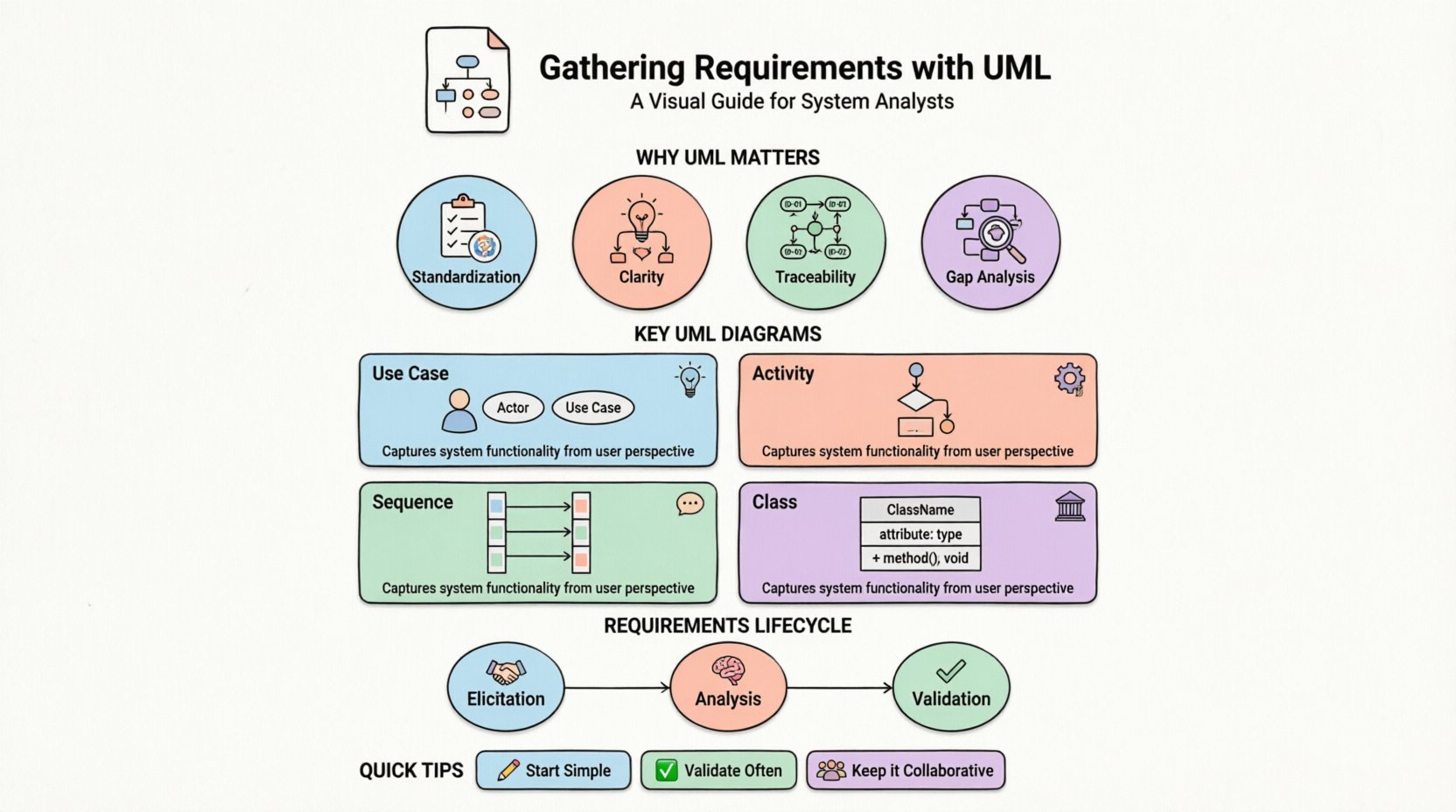 Infographic: Gathering Requirements with UML for System Analysts - Visual guide showing why UML matters (standardization, clarity, traceability, gap analysis), four key diagram types (Use Case, Activity, Sequence, Class) with simple icons, the three-stage requirements lifecycle (Elicitation → Analysis → Validation), and quick collaboration tips. Clean flat design with pastel colors, rounded shapes, and black outlines, optimized for students and social media sharing.