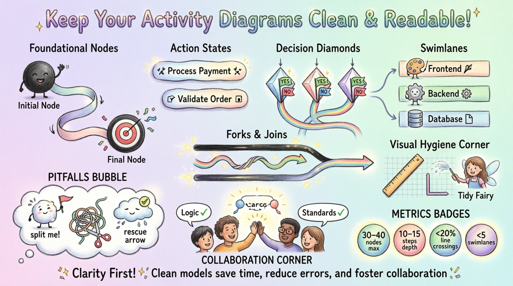 Whimsical 16:9 infographic illustrating best practices for clean and readable UML activity diagrams, featuring playful cartoon characters guiding viewers through foundational nodes, verb-noun action states, decision diamonds with guard conditions, organized swimlanes, fork/join concurrency patterns, visual hygiene tips for orthogonal layouts, common anti-patterns to avoid, and readability metrics, all rendered in a colorful pastel hand-drawn style with clear visual hierarchy for system design teams