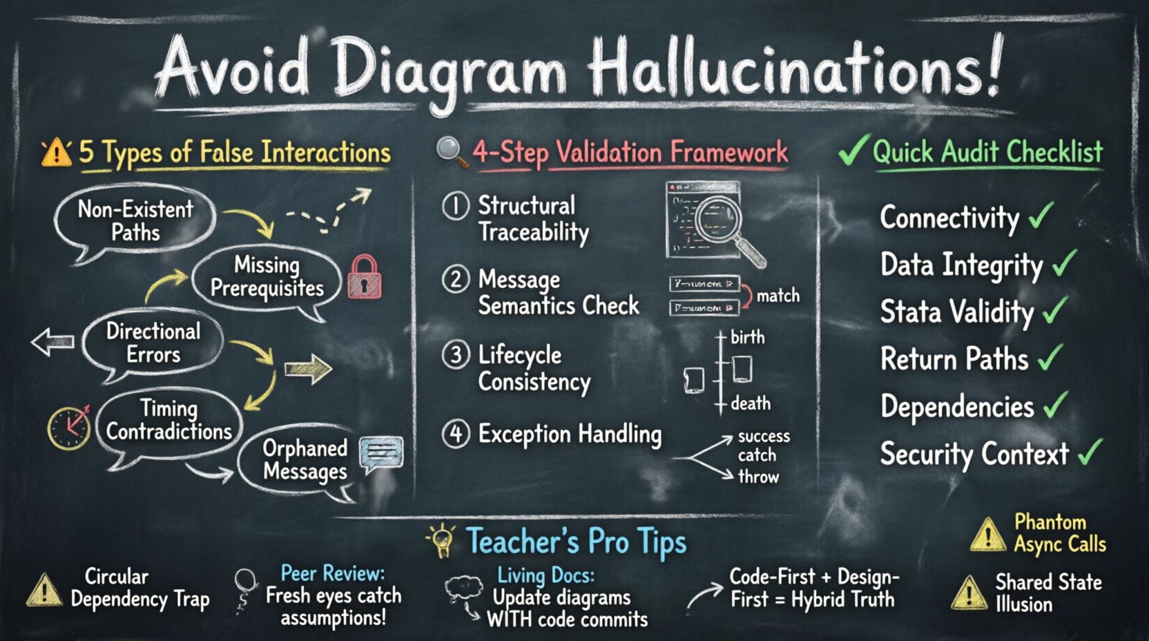 Chalkboard-style educational infographic titled 'Avoid Diagram Hallucinations' illustrating five types of false interactions in UML communication diagrams (non-existent paths, missing prerequisites, directional errors, timing contradictions, orphaned messages), a four-step validation framework (structural traceability, message semantics, lifecycle consistency, exception handling), and a six-point audit checklist for preventing inaccurate system modeling, designed with hand-written chalk aesthetics and teacher-friendly visual hierarchy for easy comprehension