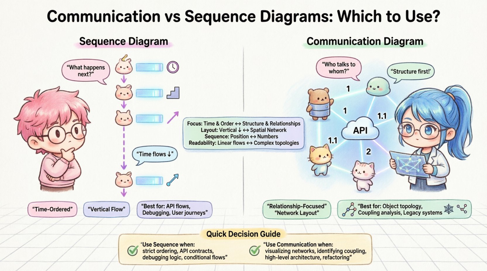 Chibi-style infographic comparing UML Communication Diagrams and Sequence Diagrams for software architecture: visual breakdown of key differences including time-ordered vs structure-focused layouts, when to use each diagram type, pros and cons, and real-world application scenarios for developers and system designers