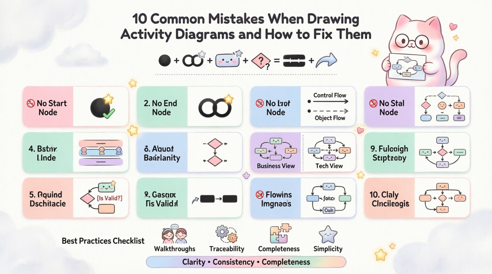 Kawaii-style infographic illustrating 10 common mistakes when drawing UML activity diagrams and how to fix them, featuring cute pastel vector icons for initial/final nodes, decision diamonds, swimlanes, fork/join bars, and control flows, with visual before/after examples and a best practices checklist for clear process modeling