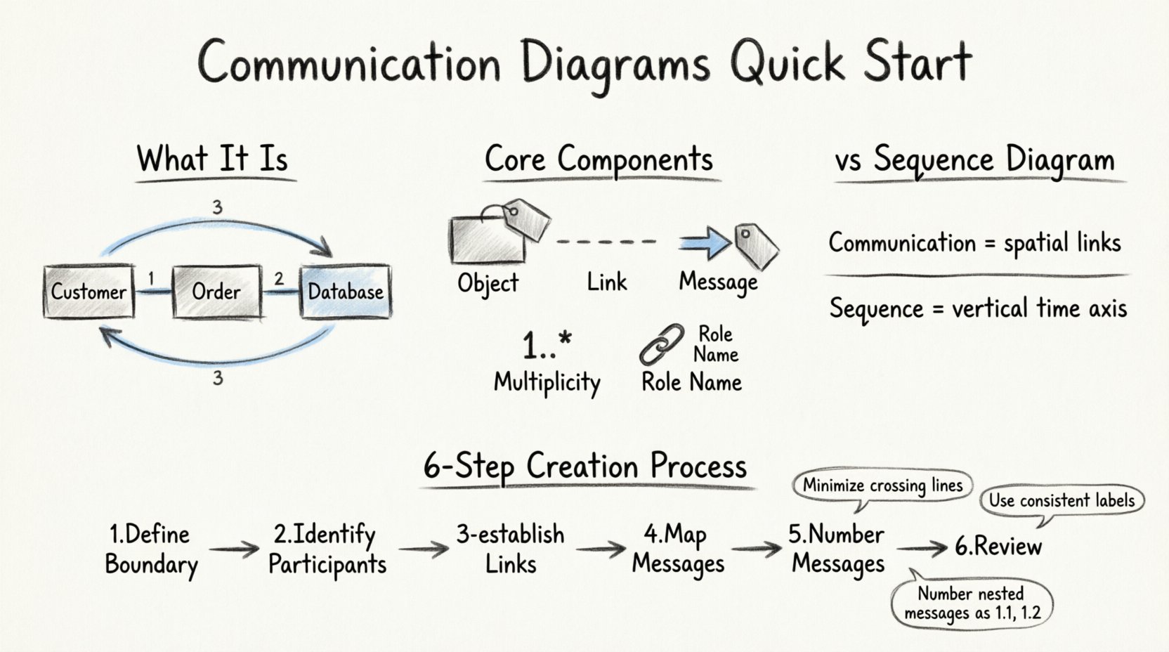 Sketch-style infographic explaining UML Communication Diagrams: shows core components (objects, links, messages, multiplicity, roles), comparison with sequence diagrams highlighting structural vs. time-based focus, and a 6-step creation process flowchart with design tips for clarity, all rendered in hand-drawn pencil style with numbered message flows and clean 16:9 layout