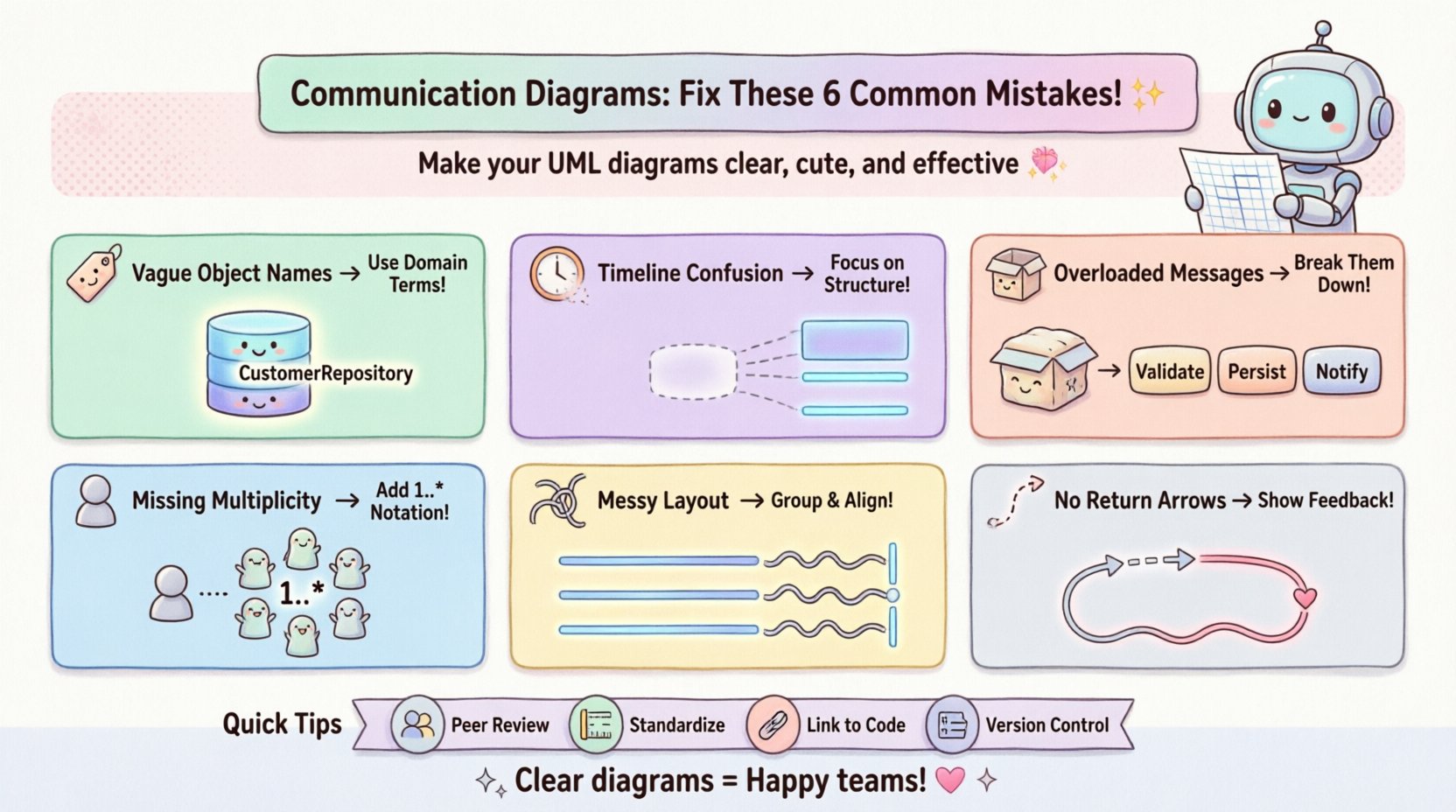 Kawaii-style infographic illustrating six common communication diagram mistakes and their solutions, featuring cute pastel vector icons for ambiguous naming, sequence confusion, message overloading, missing multiplicity, visual clutter, and absent return messages, designed to help software developers create clearer UML documentation