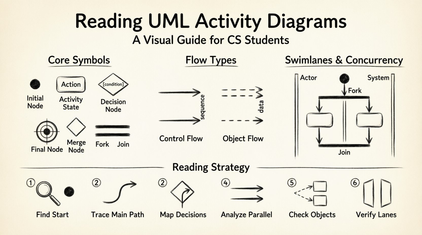 Line art infographic teaching CS students how to read UML activity diagrams, featuring core symbols (initial node, activity states, decision/merge nodes, final node, fork/join bars), control vs object flow distinctions, swimlane organization for concurrency, and a 6-step reading strategy for analyzing complex workflow diagrams