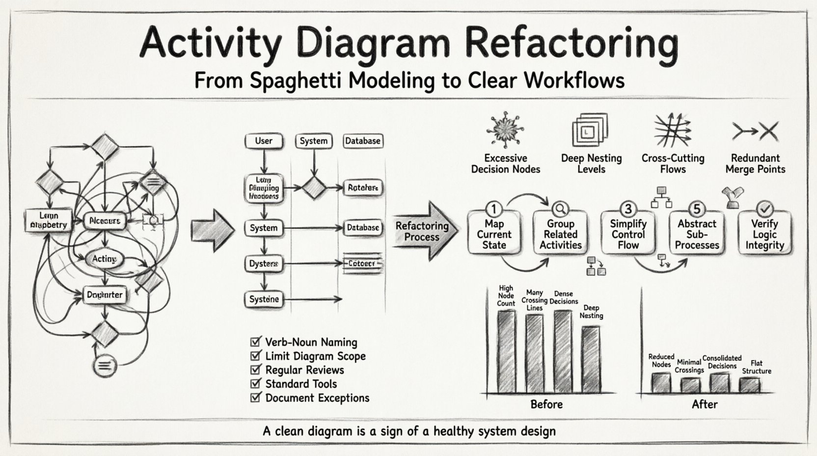 Charcoal sketch infographic illustrating activity diagram refactoring process: before/after comparison of spaghetti modeling vs. clean workflow, 5-step refactoring methodology, common problem patterns, metrics improvement chart, and best practices checklist for simplifying complex UML activity diagrams