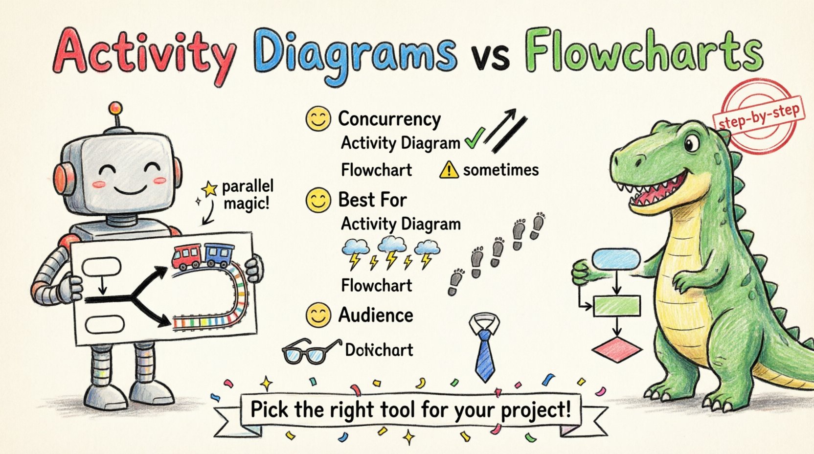 Child-style hand-drawn infographic comparing UML Activity Diagrams and traditional Flowcharts for systems analysts, showing key differences in concurrency support, notation symbols, and use cases with playful robot and dinosaur characters