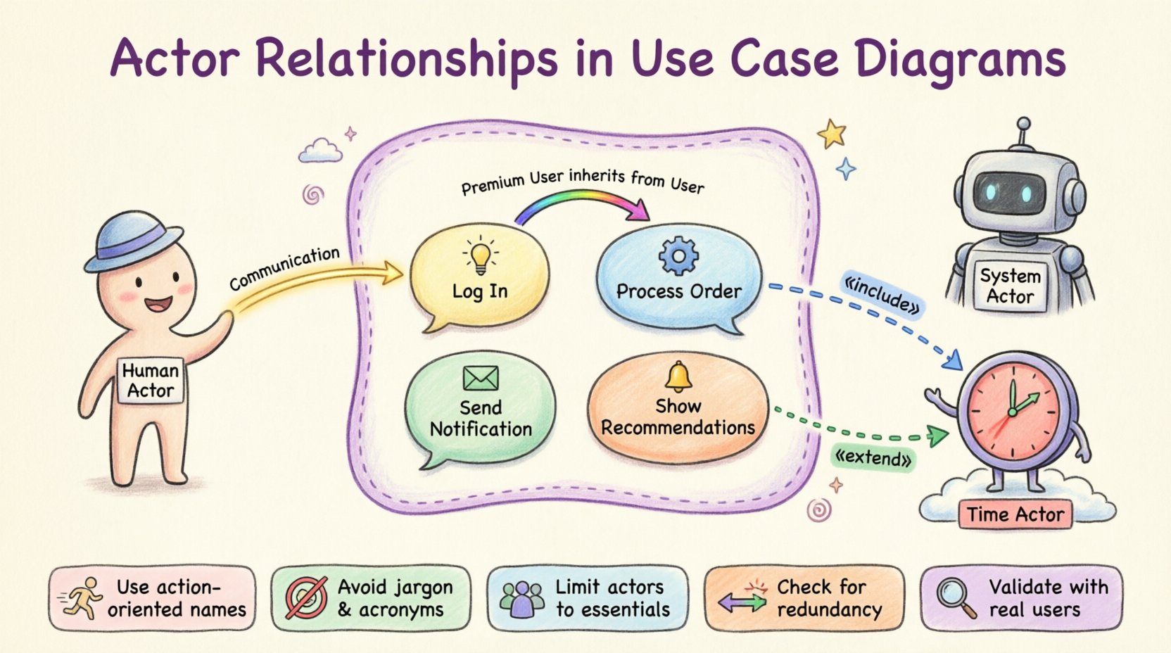 Whimsical infographic explaining actor relationships in UML Use Case Diagrams: illustrates Human, System, and Time-Based actors outside a system boundary box, with four relationship types visualized—Association (solid sparkly line for communication), Generalization (triangle arrow showing inheritance between User and Premium User), Include (dashed blue arrow with «include» for mandatory steps like Log In), and Extend (dotted green arrow with «extend» for optional features like Show Recommendations). Includes playful icons, color-coded sections, and a best-practices checklist for new analysts modeling system interactions.