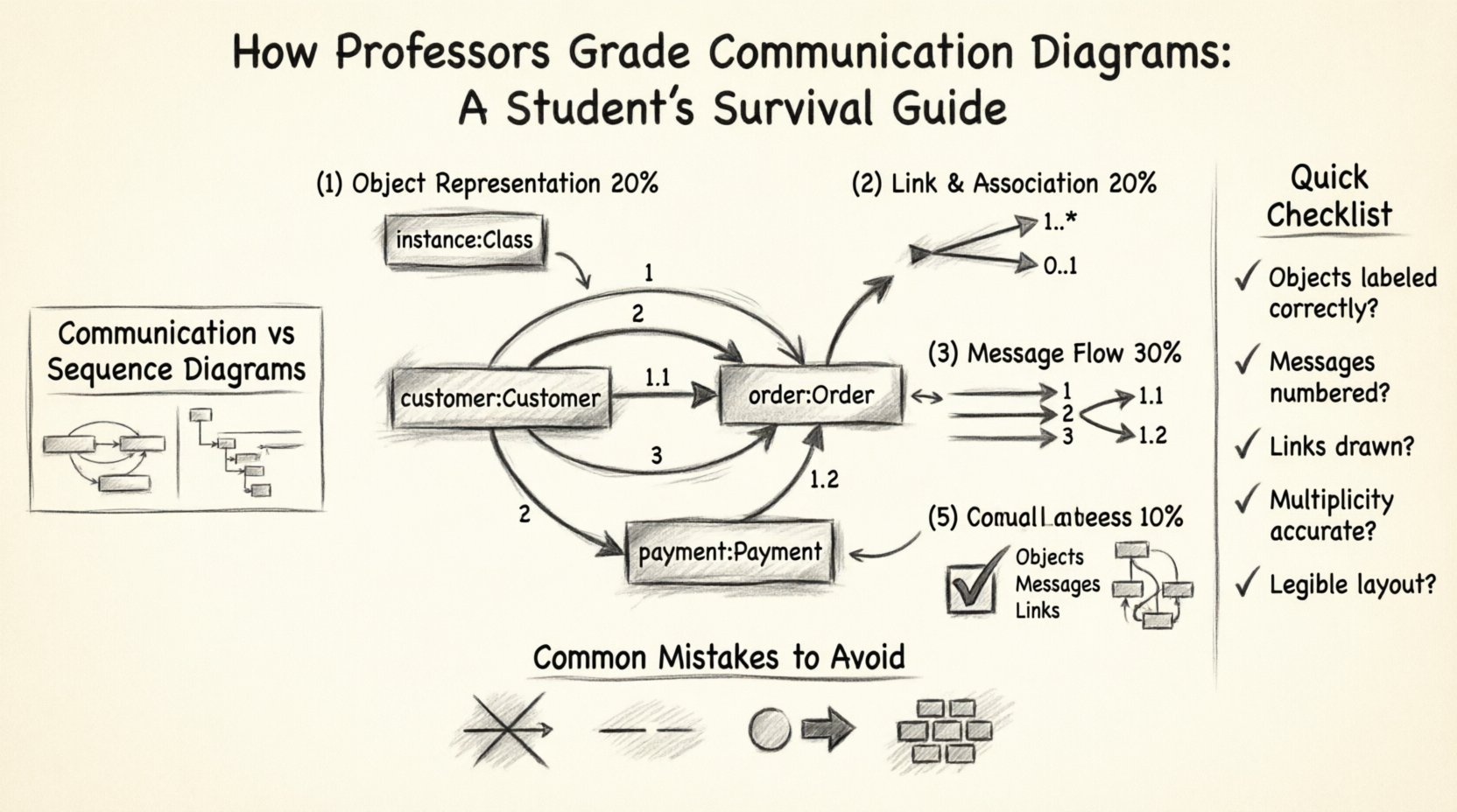 Sketch-style infographic: How Professors Grade Communication Diagrams - Student Survival Guide showing UML grading rubric with 5 criteria (Object Representation 20%, Link Association 20%, Message Flow 30%, Visual Layout 20%, Completeness 10%), critical elements like object naming conventions instance:Class format, link multiplicity markers 1..* and 0..1, sequential message numbering with sub-calls 1.1, common mistakes to avoid including crossing lines and missing links, pre-submission checklist, and Communication vs Sequence Diagrams comparison, hand-drawn pencil sketch aesthetic for software engineering students