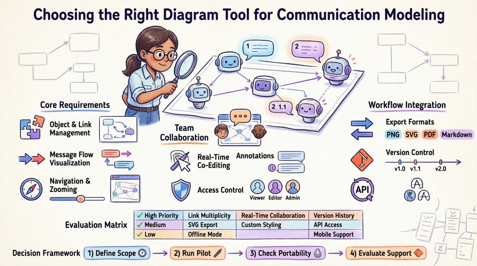 Cartoon infographic guide for selecting communication diagram tools, featuring core requirements like object management and message flow visualization, team collaboration features including real-time editing and access control, workflow integration options such as export formats and version control, an evaluation criteria matrix with priority levels, and a 4-step decision framework for choosing the right UML modeling software