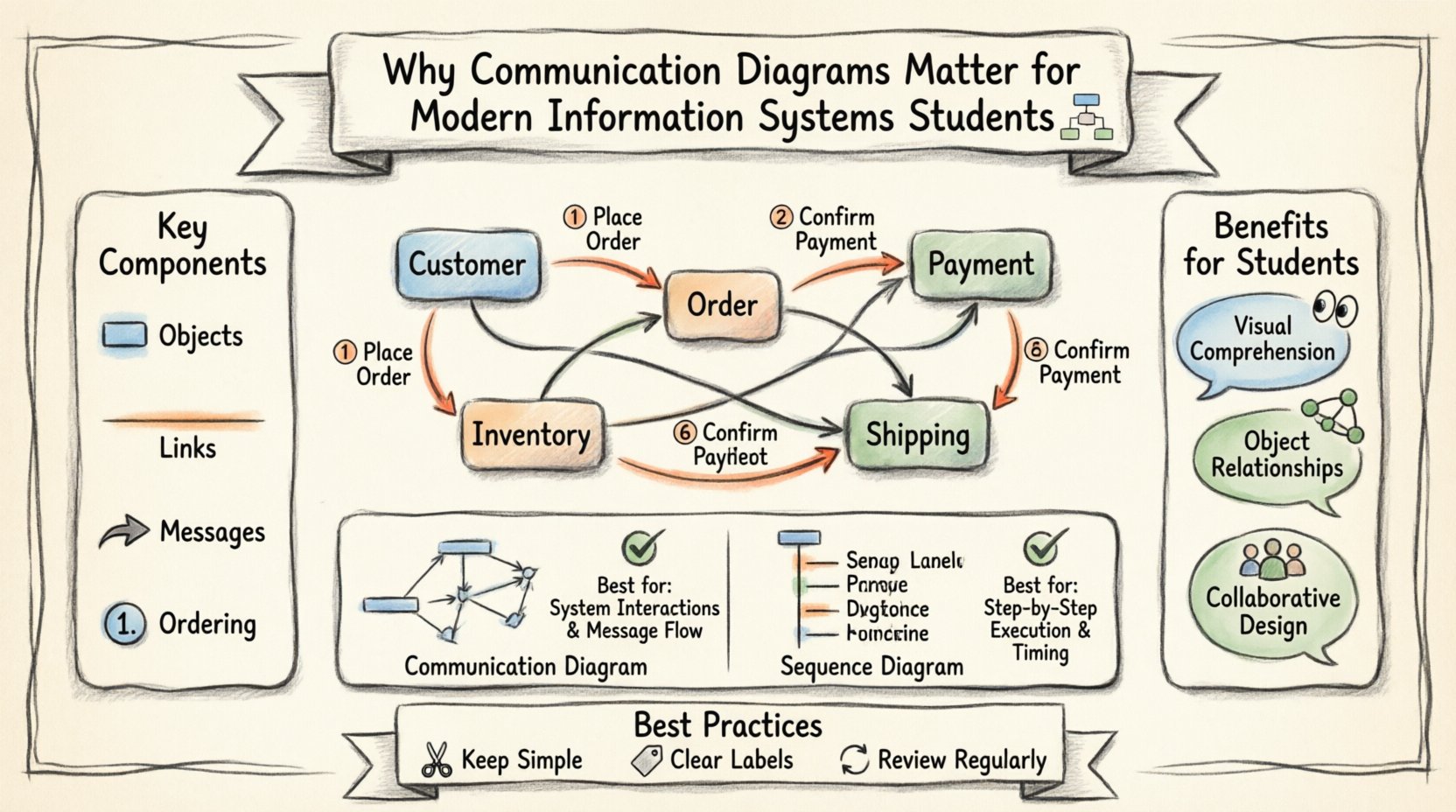 Hand-drawn educational infographic explaining Communication Diagrams in UML for information systems students, featuring key components (objects, links, messages, ordering), benefits for learning, comparison with Sequence Diagrams, notation guide, best practices, and real-world applications in software engineering