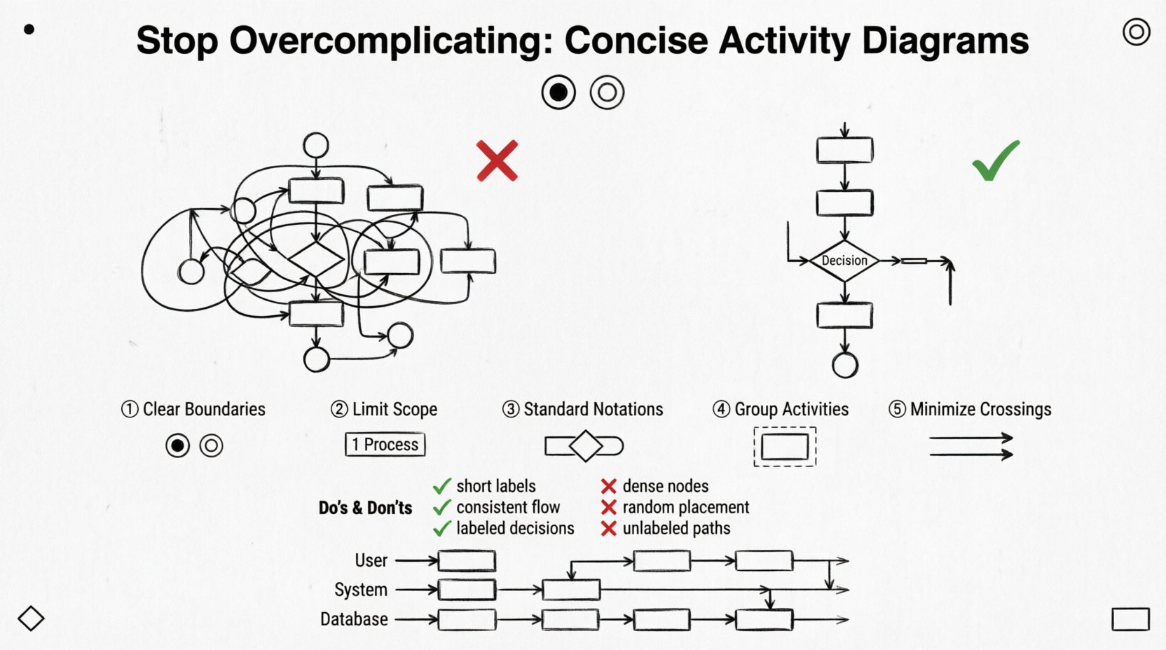 Line art infographic showing best practices for creating concise UML activity diagrams: side-by-side comparison of cluttered vs clean layouts, five core principles with icons (clear boundaries, limited scope, standard notations, grouped activities, minimal line crossings), do's and don'ts checklist, and swimlane example demonstrating clear workflow visualization for system design