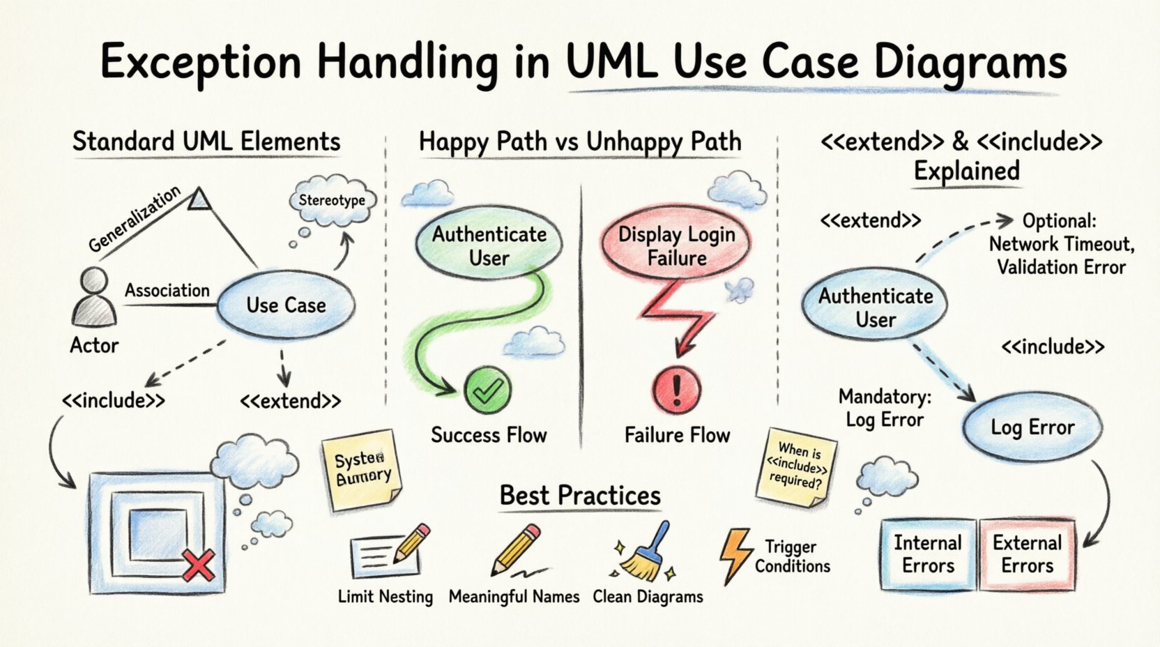Hand-drawn infographic illustrating exception handling in UML use case diagrams, showing actors, use case ellipses, system boundaries, extend and include relationships, happy path versus unhappy path error flows, extension points, and best practices for modeling resilient software systems