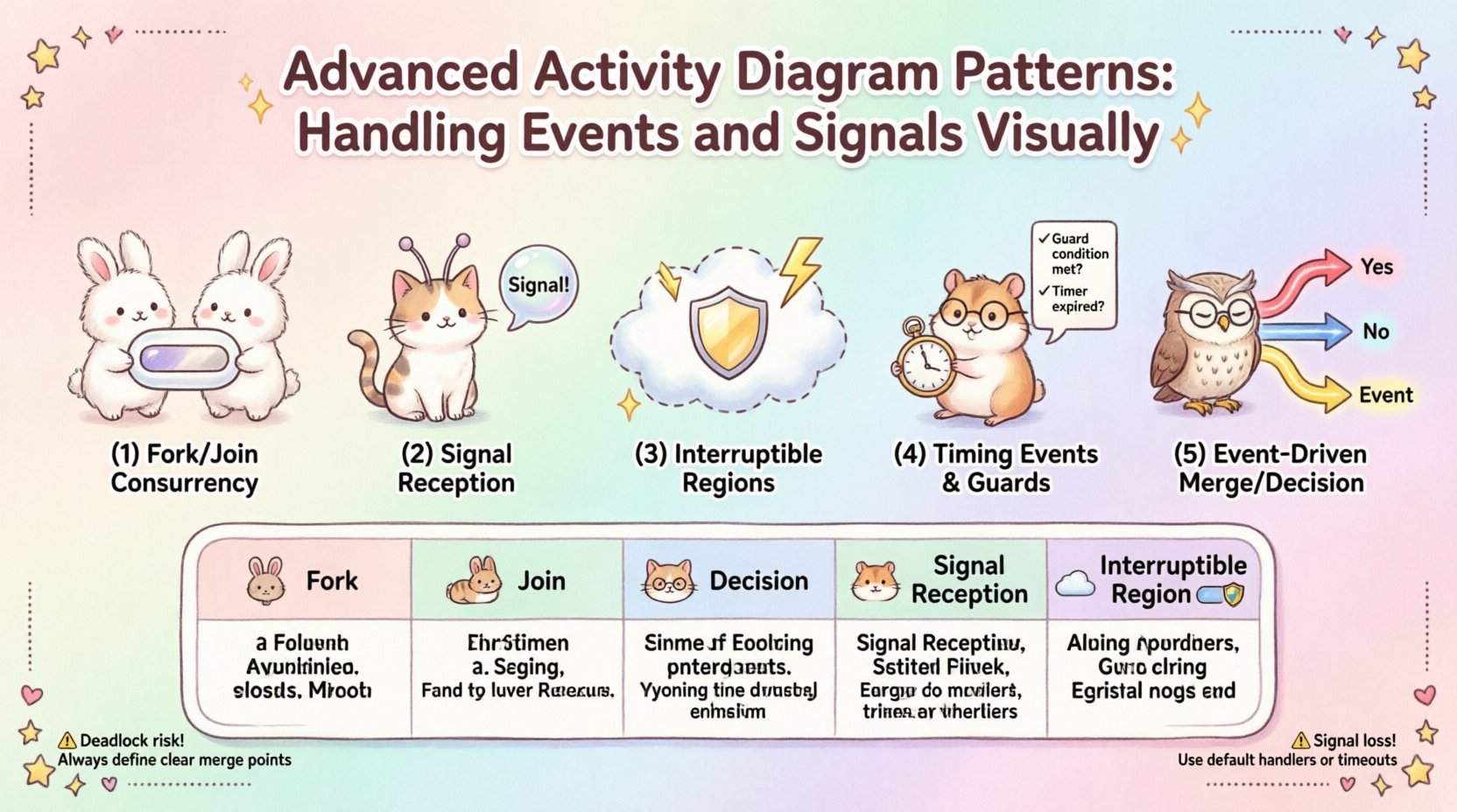 Kawaii-style infographic illustrating 5 advanced UML activity diagram patterns for handling events and signals: Fork/Join concurrency with cute split characters, Signal Reception nodes with antenna mascot, Interruptible Regions for exception handling, Timing Events with clock icons and guard conditions, and Event-Driven Merge/Decision nodes. Features soft pastel colors, playful icons, comparison table, and practical tips for avoiding deadlocks and signal loss in visual modeling workflows.