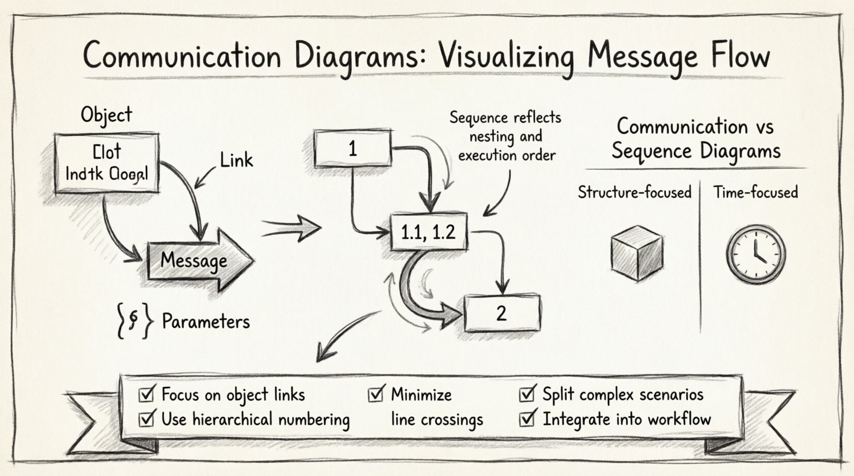 Sketch-style infographic illustrating UML communication diagrams: core components (objects, links, messages), hierarchical message numbering system (1, 1.1, 1.2), comparison with sequence diagrams, layout best practices, and key takeaways for visualizing message flow in software architecture