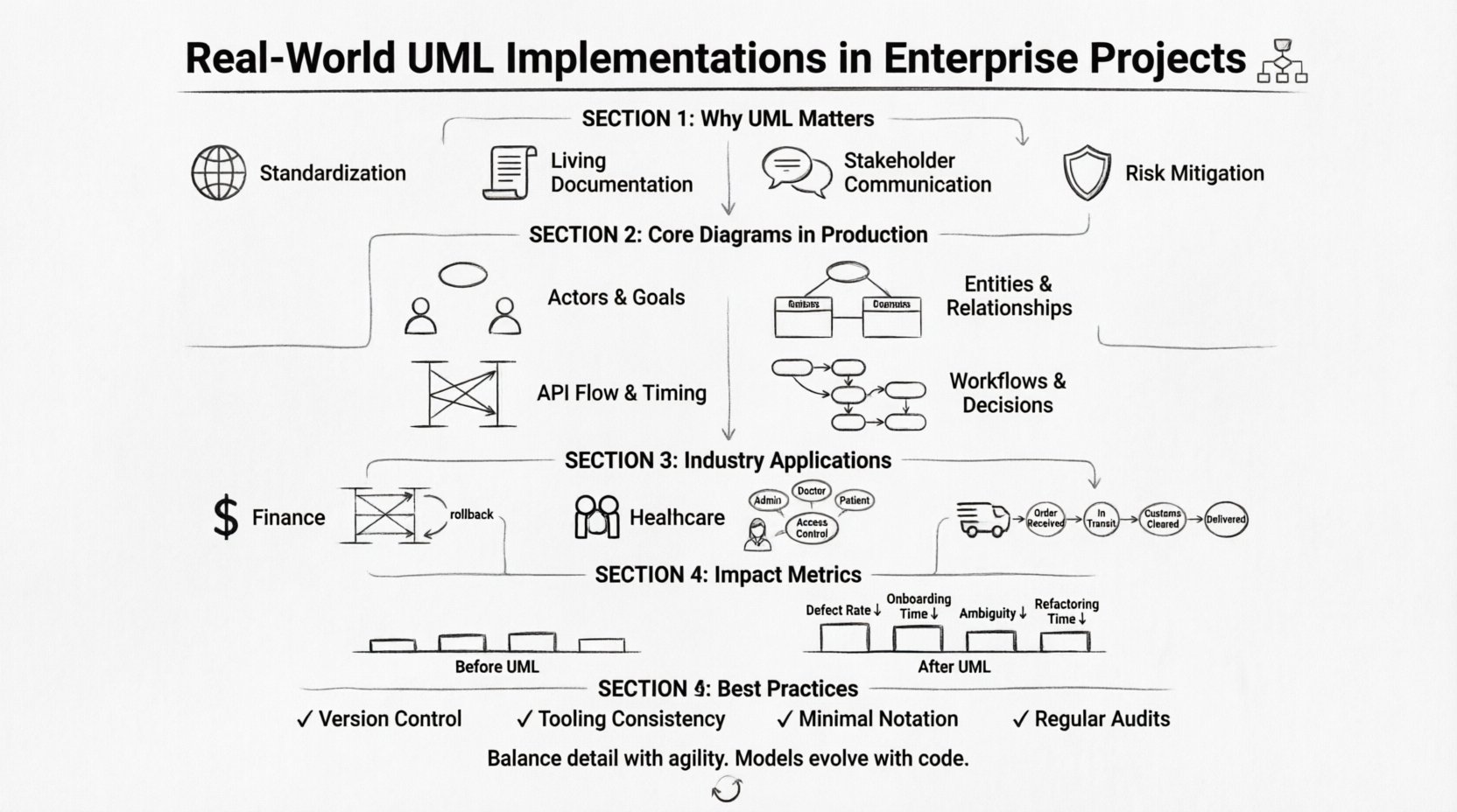 Line art infographic illustrating successful UML implementations in enterprise projects: showing why UML matters (standardization, documentation, communication, risk mitigation), four core diagram types (Use Case, Class, Sequence, Activity) with production scenarios, industry applications in finance/healthcare/logistics, measurable impact metrics comparing before/after UML adoption, and best practices for maintaining living architecture models in agile environments