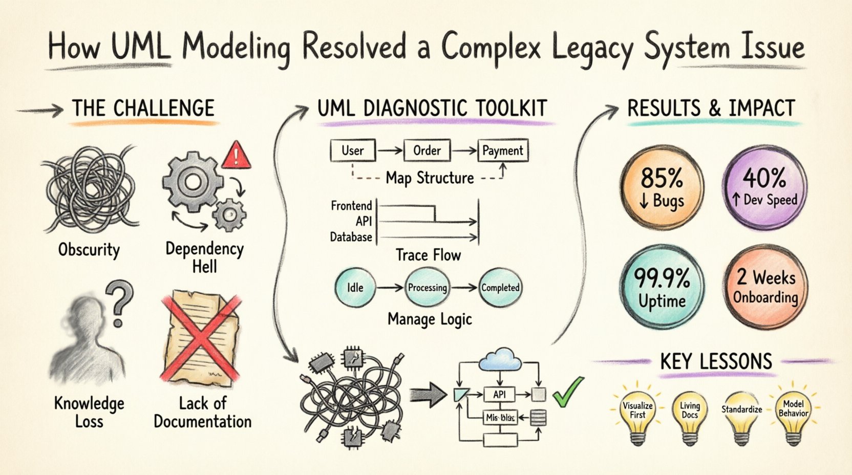 Hand-drawn infographic showing how UML modeling resolved a complex banking legacy system: challenges like technical debt and knowledge loss, three key UML diagrams (Class, Sequence, State Machine) used for reverse engineering, and measurable outcomes including 85% fewer bugs, 40% faster development, and 99.9% batch processing success rate
