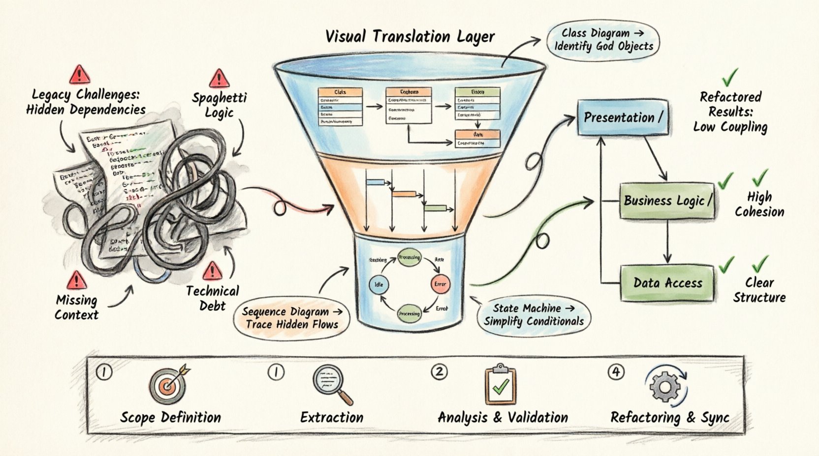 Hand-drawn infographic illustrating UML reverse engineering techniques for refactoring legacy code: shows legacy challenges (technical debt, hidden dependencies, spaghetti logic), the 4-step workflow (scope definition, extraction, analysis, refactoring), key UML diagram types (Class, Sequence, State Machine) with their benefits, and refactoring strategies leading to clean, maintainable architecture with low coupling and high cohesion, all rendered in thick-outline sketch style with soft watercolor fills