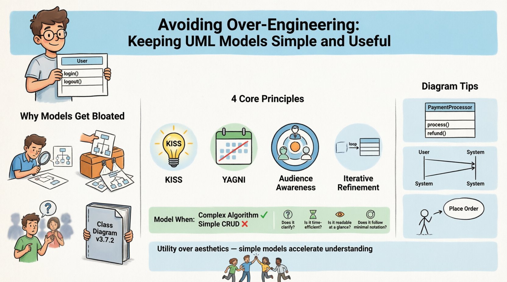 Cartoon infographic illustrating how to avoid over-engineering in UML models: shows root causes of bloated diagrams, four core principles (KISS, YAGNI, audience awareness, iterative refinement), quick tips for class/sequence/use case diagrams, a simplified decision matrix for when to model, and a simplicity checklist—all designed to help software teams create clear, useful, communication-focused UML documentation