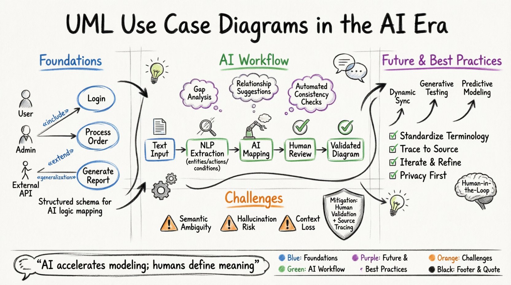 Hand-drawn whiteboard infographic illustrating the integration of UML Use Case Diagrams with AI-driven requirement analysis, showing foundational UML elements (actors, use cases, relationships), AI workflow stages (NLP extraction, automated gap analysis, diagram generation), key challenges (semantic ambiguity, hallucination risk), future trends (dynamic sync, generative testing, predictive modeling), and best practices for human-AI collaboration in requirements engineering