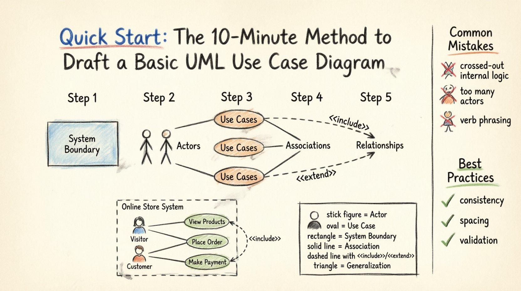 Hand-drawn infographic illustrating the 10-minute method for drafting a basic UML Use Case Diagram, featuring five sequential steps: define system boundary, identify actors, define use cases, draw associations, and add relationships; includes visual legend of UML symbols (stick-figure actors, oval use cases, boundary rectangles, association lines, include/extend/generalization relationships), a practical Online Store System example diagram, common mistakes to avoid with warning icons, and best practices checklist for clarity; rendered in warm pencil-sketch style with muted colors on paper-textured background, 16:9 aspect ratio, English labels