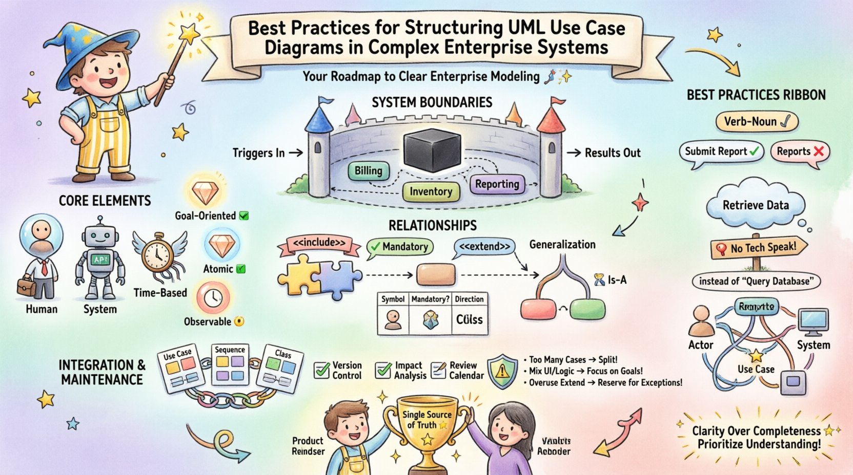 Whimsical infographic illustrating best practices for structuring UML use case diagrams in complex enterprise systems, featuring core elements (human/system/time-based actors, goal-oriented use cases), system boundaries with black box principle, relationship types (include/extend/generalize), verb-noun naming conventions, visual layout strategies, integration with sequence and class diagrams, and maintenance workflows in a playful 16:9 colorful design