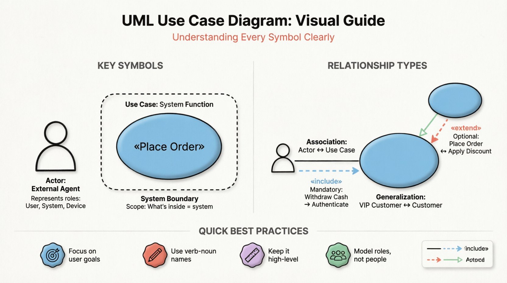 UML Use Case Diagram infographic: visual guide showing actor stick figure, use case oval, system boundary rectangle, and four relationship types (association solid line, include dashed arrow, extend dashed arrow, generalization triangle) with pastel colors, black outlines, and best practice tips for students and developers