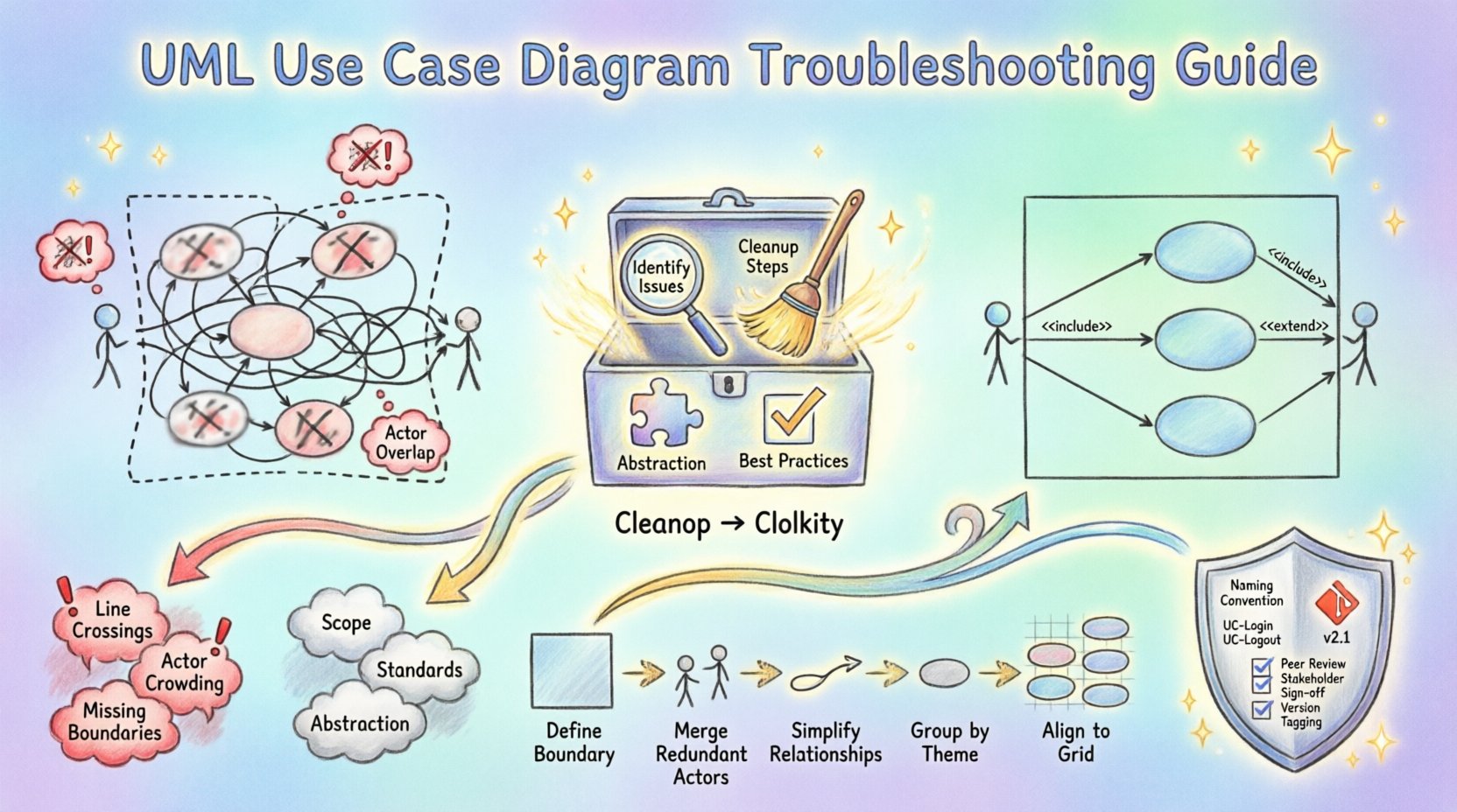 Whimsical infographic illustrating a troubleshooting guide for messy UML Use Case Diagrams, showing the transformation from cluttered diagrams with crossed lines and overlapping elements to clean, organized visuals through a 5-step cleanup process, root cause analysis, and best practices for maintaining diagram clarity