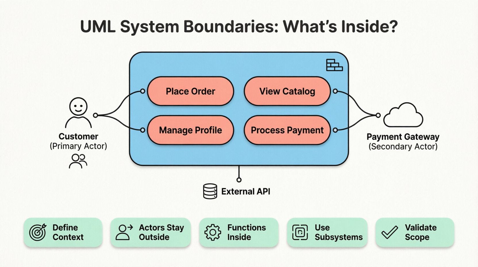 Educational infographic illustrating UML Use Case Diagram system boundaries: a central rounded rectangle labeled 'System Boundary' contains coral pink oval use cases like 'Place Order' and 'Process Payment', while external actors including a Customer user icon and Payment Gateway cloud sit outside the boundary, connected by black association lines; five key principles displayed below emphasize defining context, keeping actors external, focusing on functions, using subsystems, and validating scope with stakeholders - designed in clean flat style with sky blue and coral pink pastel accents, uniform black outlines, and ample white space for students and social media