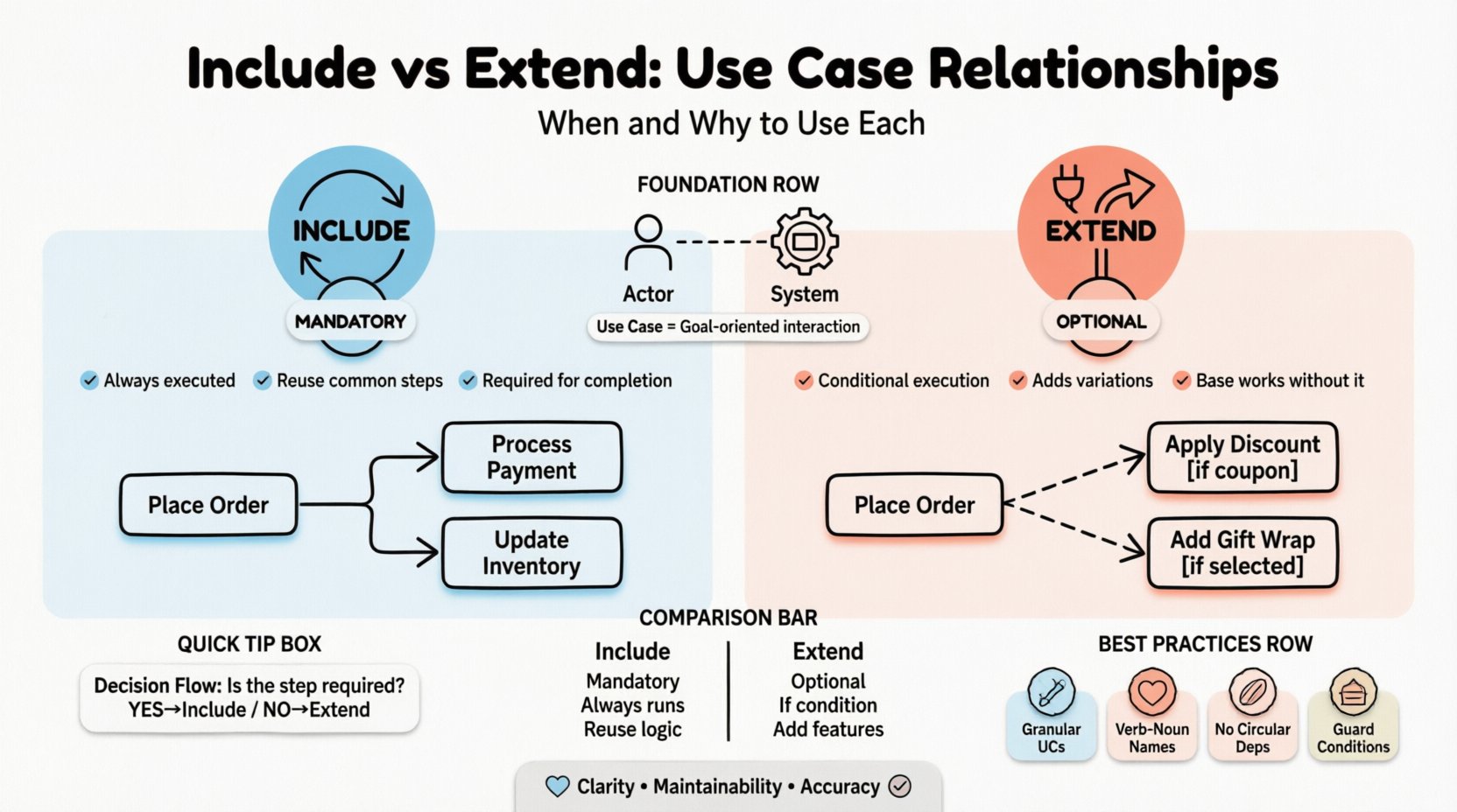 Infographic explaining UML use case relationships: Include (mandatory behavior) vs Extend (optional behavior) with visual examples, comparison table, decision flow, and best practices for software modeling and system design
