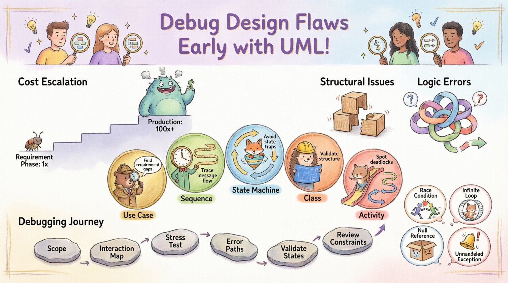 Whimsical infographic illustrating how Unified Modeling Language (UML) helps software teams identify design flaws and logic errors early in development, featuring playful visuals of cost escalation across project phases, structural vs logic error comparisons, five key UML diagram types (Use Case, Sequence, State Machine, Class, Activity) as debugging superheroes, a six-step UML debugging workflow path, and common error scenarios like race conditions and infinite loops, all rendered in a colorful hand-drawn style with friendly character mascots to make technical concepts approachable