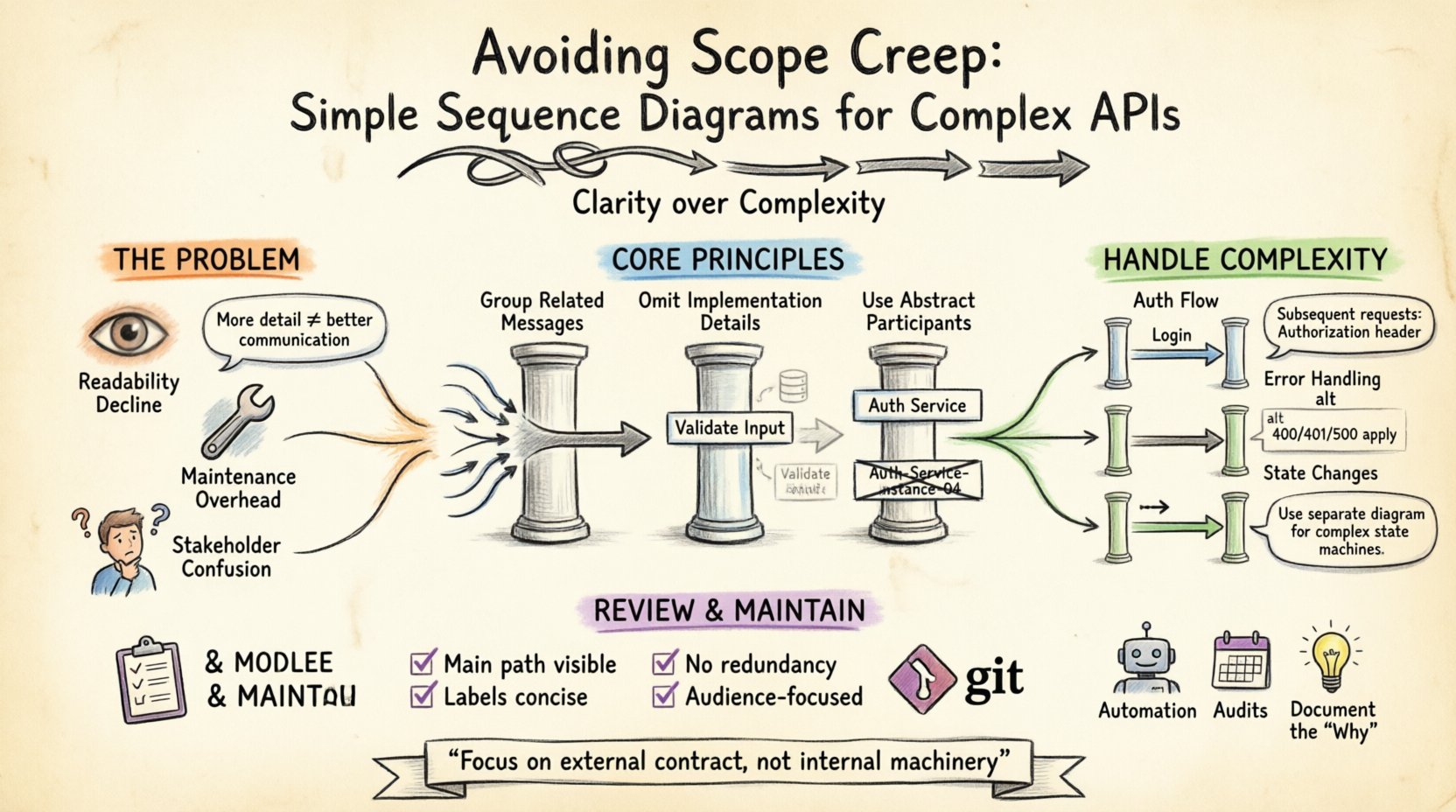 Hand-drawn infographic illustrating strategies to prevent scope creep in API sequence diagrams, featuring core abstraction principles (group messages, omit implementation details, use abstract participants), techniques for managing authentication flows and error handling, a review checklist for clarity, and maintenance best practices for sustainable technical documentation