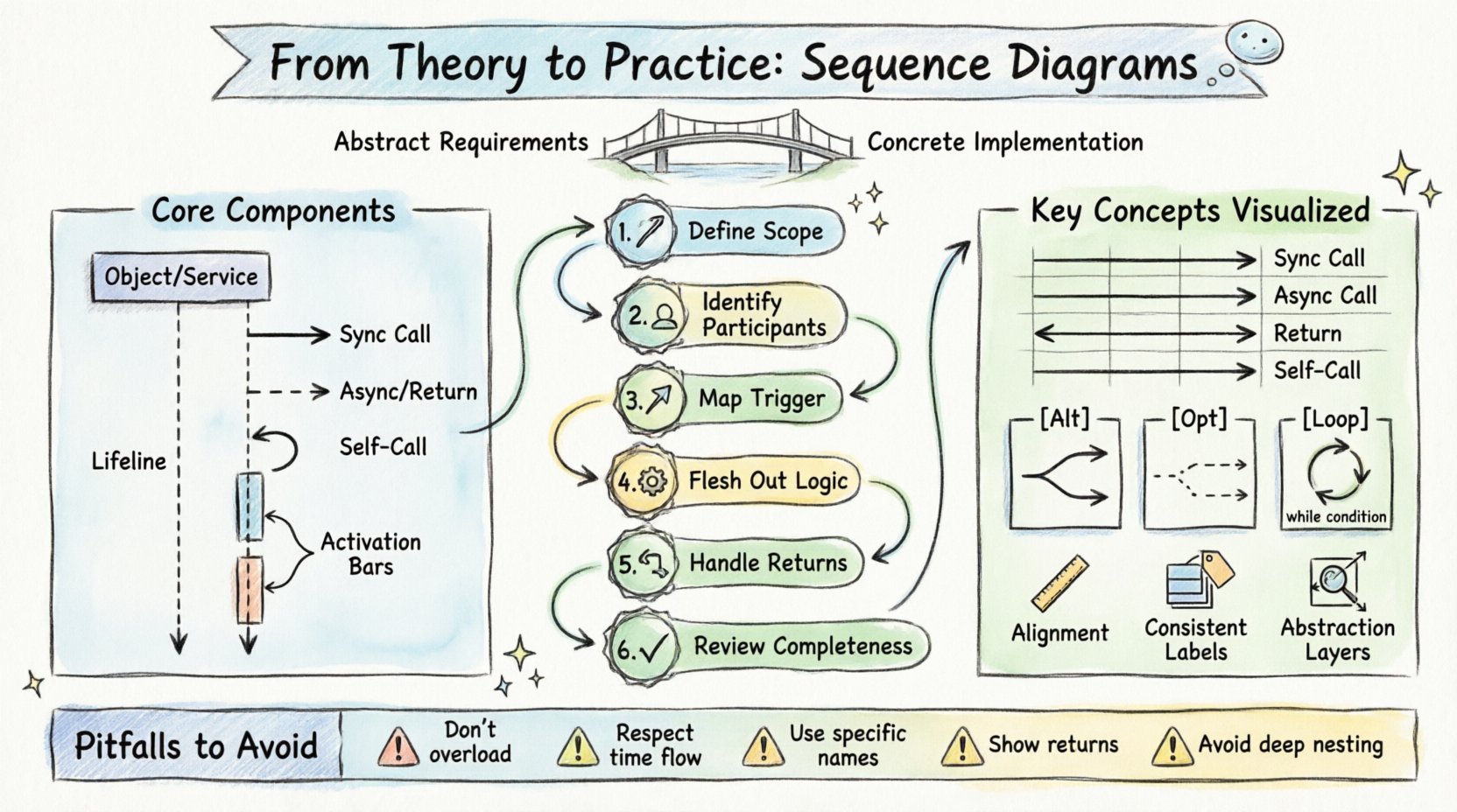 Hand-drawn infographic guide to building functional sequence diagrams: illustrates core components (participants, lifelines, messages, activation bars), 6-step workflow from scope definition to review, message types table (synchronous, asynchronous, return, self-call), control structures (Alt/Opt/Loop frames), design principles for clarity, and common pitfalls to avoid - all rendered in sketchy illustration style with thick outline strokes, 16:9 aspect ratio