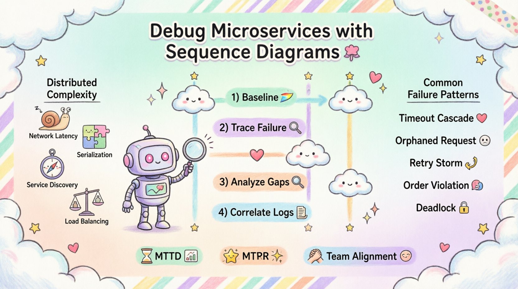 Kawaii-style infographic explaining interactive debugging of microservice communication using sequence diagrams, featuring cute pastel-colored characters, workflow steps (baseline, trace failure, analyze gaps, correlate logs), common failure patterns (timeout cascade, orphaned request, retry storm), and success metrics (MTTD, MTTR) in a 16:9 educational layout