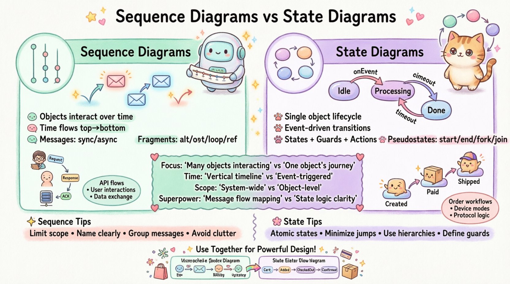 Kawaii-style infographic comparing UML Sequence Diagrams and State Diagrams for software architecture, featuring cute mascots, pastel colors, and clear visual breakdowns of components, use cases, key differences, and best practices for modeling object interactions and state lifecycles