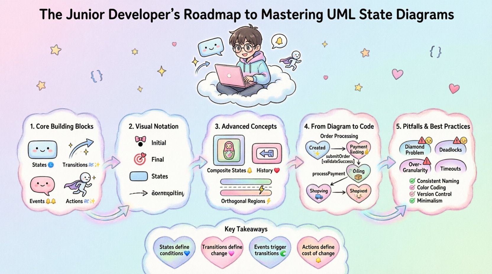 Kawaii-style infographic roadmap for junior developers mastering UML State Diagrams: features cute pastel-colored visuals explaining core concepts (states, transitions, events, actions), visual notation guide, advanced patterns (composite states, history, concurrent regions), order processing example flow, common pitfalls with friendly warnings, best practices checklist, and key takeaways - all designed in adorable anime-inspired style with smiling icons, sparkly arrows, and a 16:9 widescreen layout
