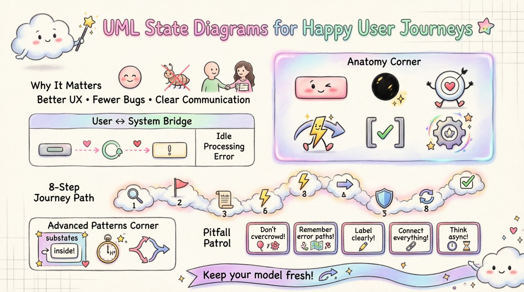 Kawaii-style infographic explaining UML state diagrams for user journey mapping in software design, featuring cute pastel illustrations of states, transitions, events, guard conditions, and UX best practices, with step-by-step guide and common pitfalls to avoid, 16:9 aspect ratio