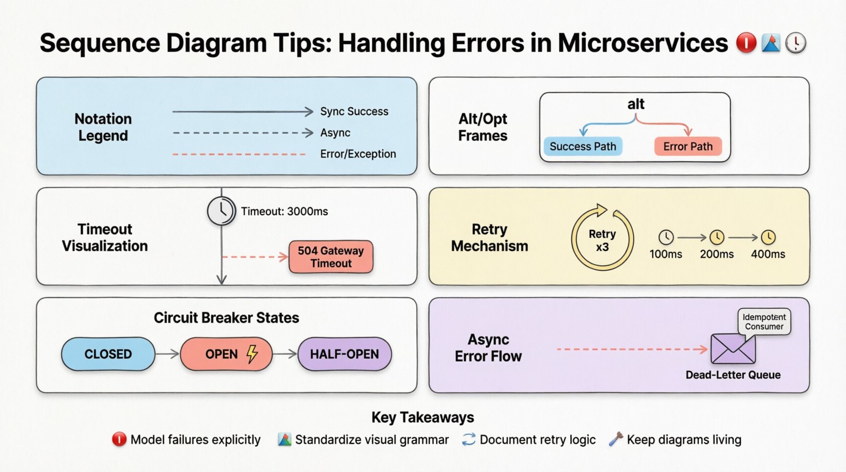 Infographic showing best practices for visualizing errors and exceptions in microservices sequence diagrams, including notation standards for success/error arrows, alt/opt frames for conditional logic, timeout thresholds with 3000ms labels, retry mechanisms with exponential backoff, circuit breaker states (closed/open/half-open), and async error handling with dead-letter queues, designed with clean flat style, black outlines, and pastel accent colors