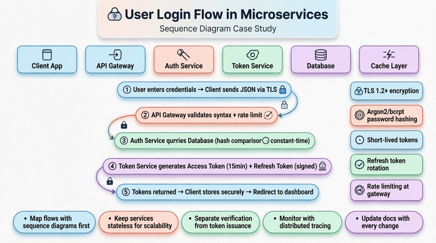 Infographic illustrating user login flow in a microservices architecture: shows sequence diagram with Client App, API Gateway, Authentication Service, Token Service, Database, and Cache Layer; visualizes credential submission, verification, token generation, and secure response transmission; highlights security best practices including TLS encryption, password hashing, short-lived tokens, rate limiting, and monitoring tips; designed with clean flat style, pastel colors, and rounded icons for educational use