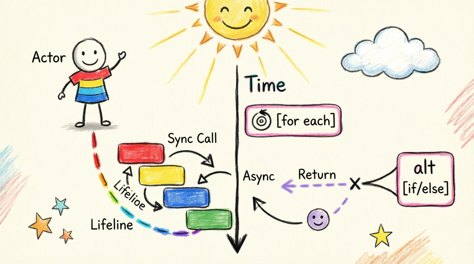 Child's drawing style infographic explaining UML sequence diagram components for beginners, featuring colorful hand-drawn illustrations of actors, lifelines, synchronous and asynchronous messages, activation bars, loop and conditional fragments, with time flowing top to bottom