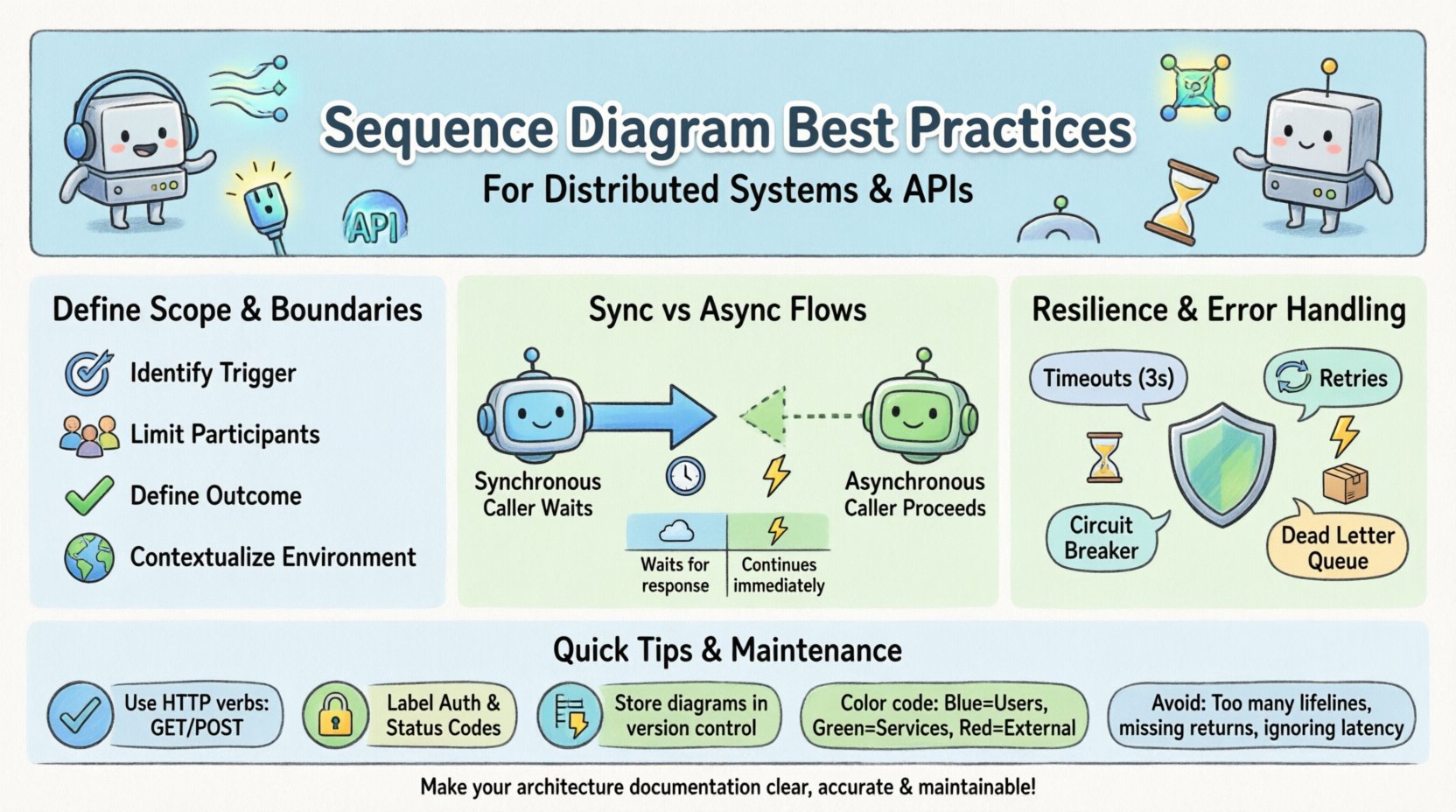Cartoon infographic illustrating best practices for sequence diagrams in distributed systems and API development: defining scope with clear triggers and limited participants, visual distinction between synchronous (solid arrows) and asynchronous (dashed arrows) communication patterns, API contract standards including HTTP verbs and status codes, resilience patterns like timeouts retries and circuit breakers, maintenance tips such as version control and automated generation, and visual consistency guidelines with color-coded actors - all presented in a friendly 16:9 landscape layout with playful icons and characters for intuitive learning