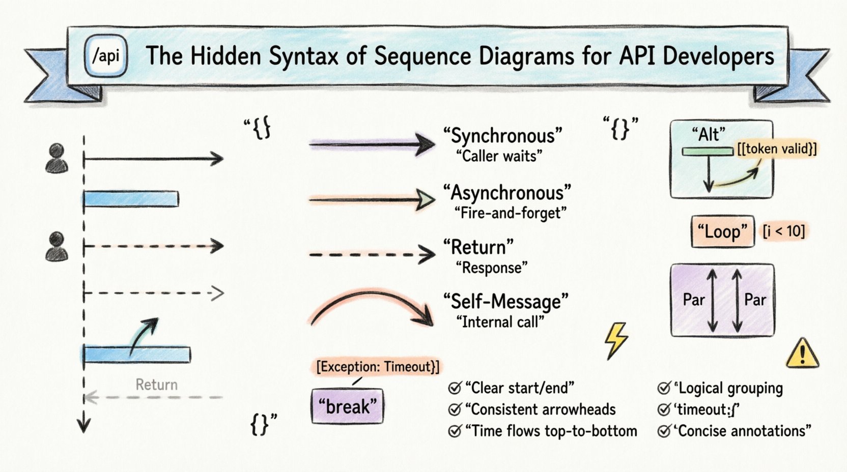 Hand-drawn infographic guide illustrating sequence diagram syntax for API developers, featuring core components like lifelines and activation bars, arrow styles for synchronous and asynchronous messages, interaction frames for conditional logic and loops, error handling patterns with timeout indicators, and a best practices checklist for clear API documentation
