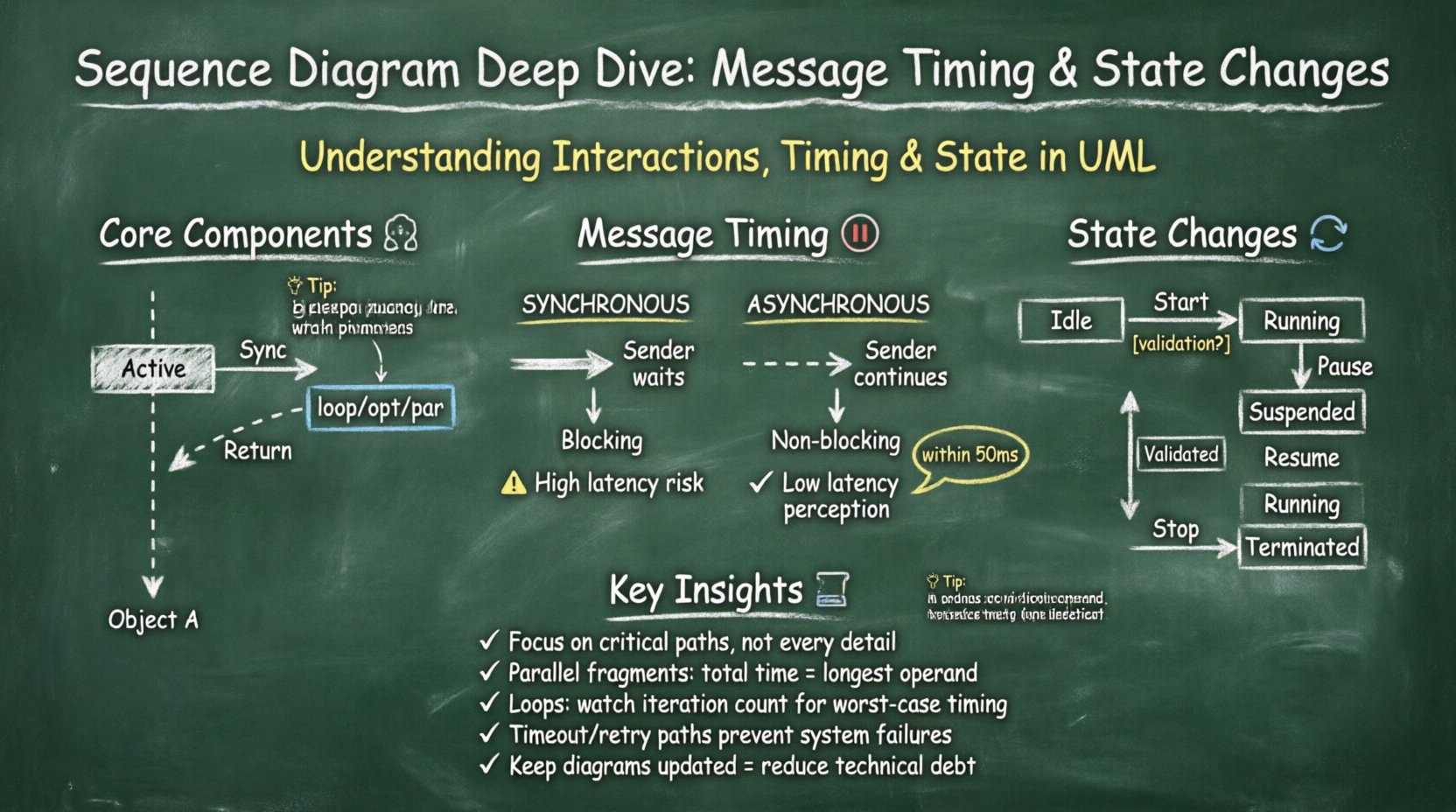 Chalkboard-style educational infographic explaining UML sequence diagrams: core components (lifelines, activation bars, messages), message timing analysis (synchronous vs asynchronous calls, timing constraints), state change tracking within lifelines, combined fragments for loops and parallel processes, and optimization tips for system design documentation - hand-written teacher aesthetic for easy learning