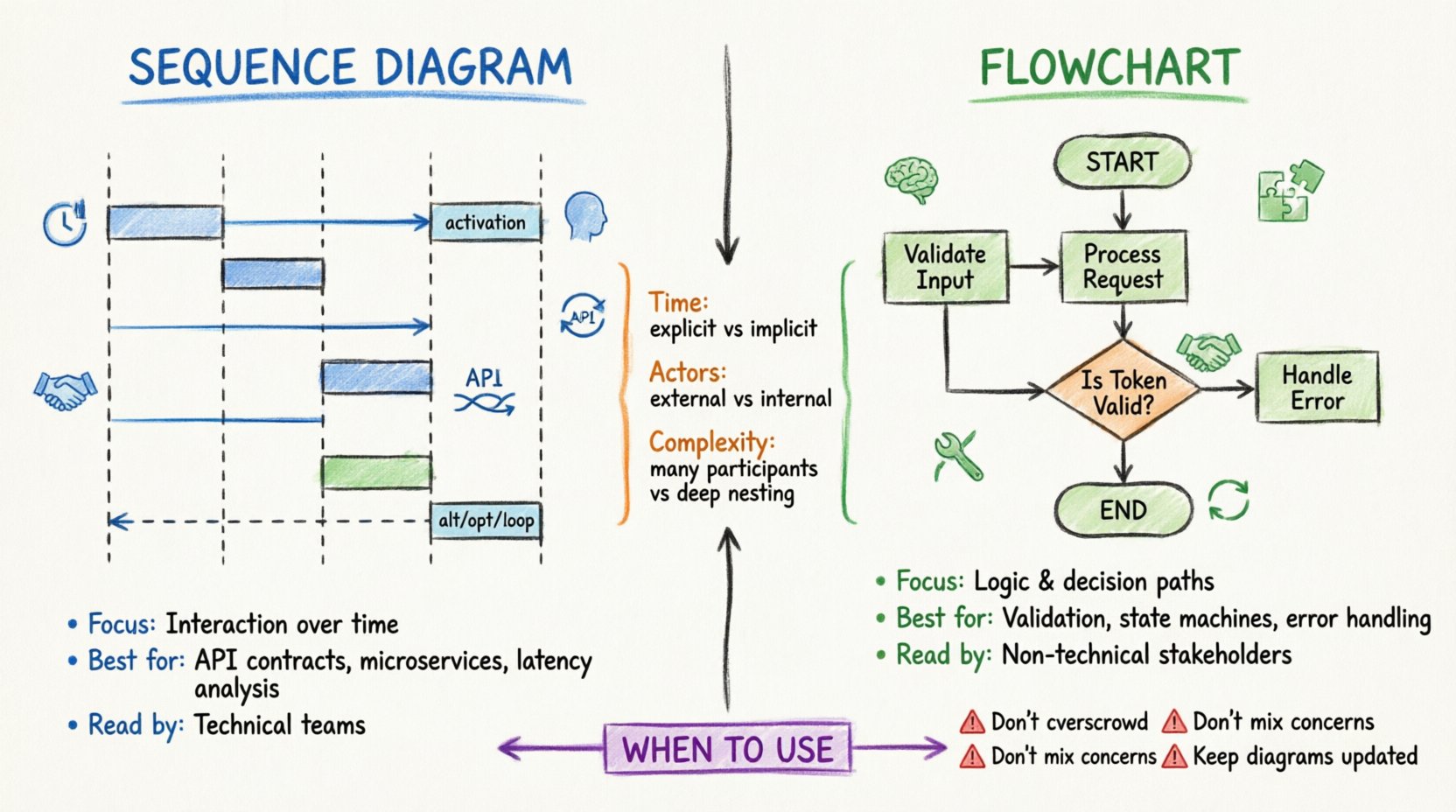 Hand-drawn whiteboard infographic comparing Sequence Diagrams and Flowcharts for API design, showing key differences in focus, components, and use cases with color-coded markers: blue for sequence diagram elements like lifelines and message timing, green for flowchart logic paths and decision points, plus guidance on when to use each visualization tool for optimal API documentation