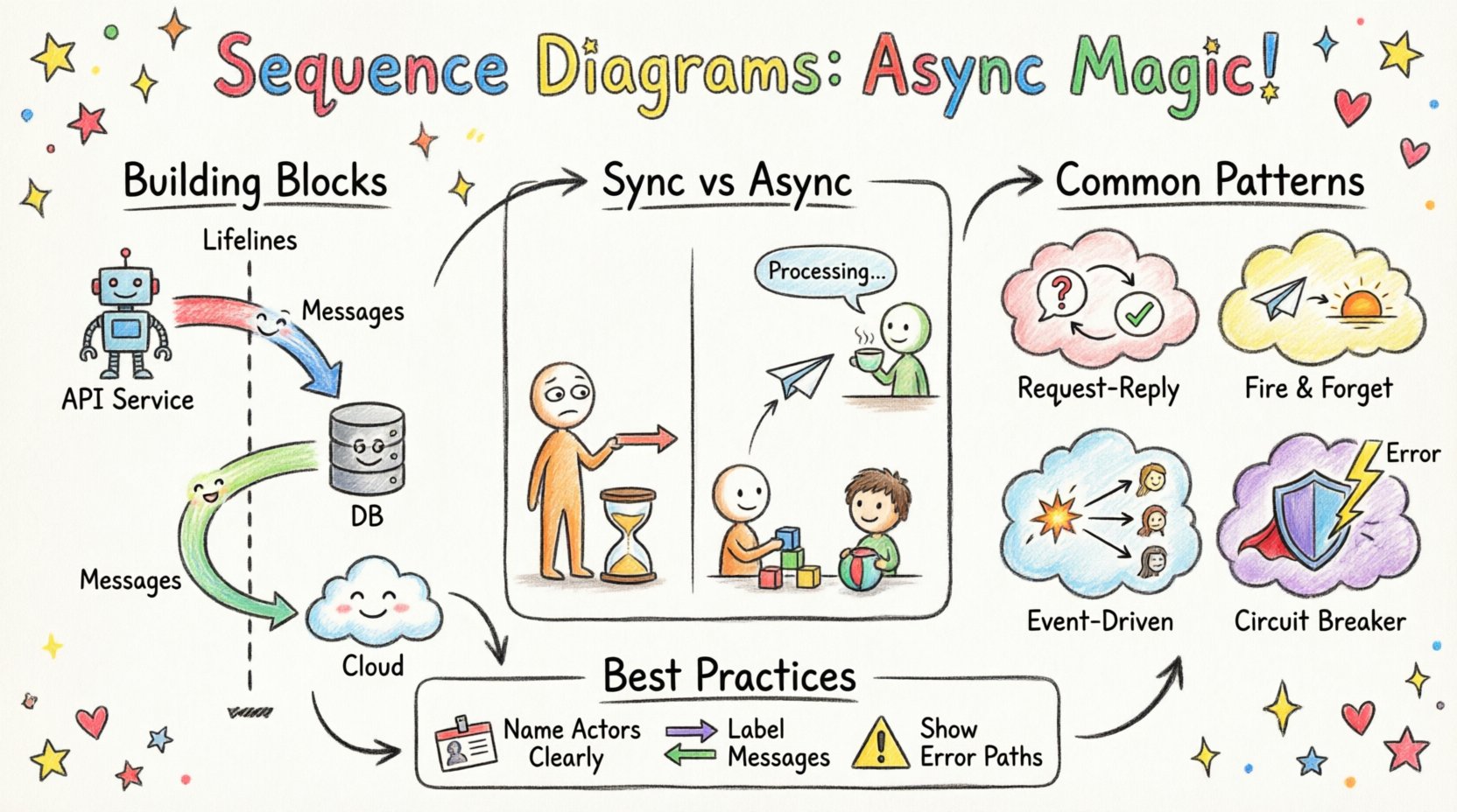Hand-drawn child-style infographic explaining sequence diagrams and asynchronous backend interactions, featuring colorful crayon illustrations of lifelines, message arrows, synchronous vs asynchronous flow comparison, and common patterns like fire-and-forget and event-driven architecture in playful educational style