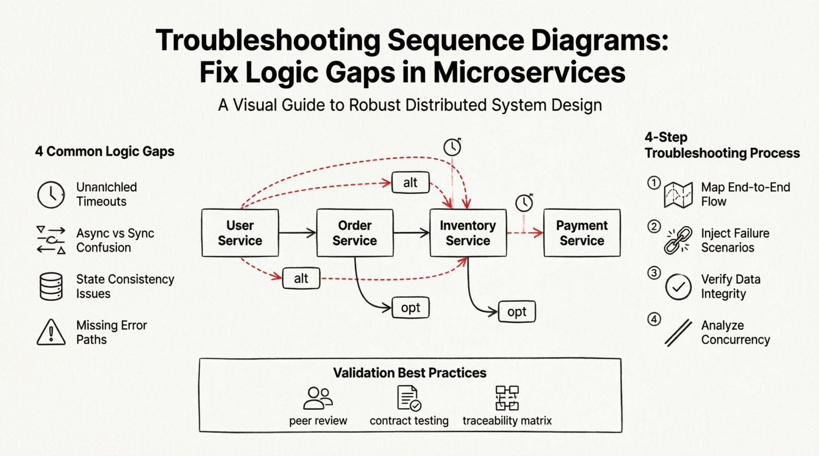 Line art infographic: Troubleshooting Sequence Diagrams in Microservices - visual guide showing 4 common logic gaps (unhandled timeouts, async/sync confusion, state consistency issues, missing error paths), 4-step troubleshooting process (map flow, inject failures, verify data integrity, analyze concurrency), and validation best practices for distributed system architecture design